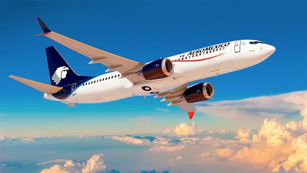 青い空を背景にアエロメヒコ航空の飛行機が飛んでいる