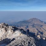 青空をバックに高山でポーズをとるメキシコガイドの岩﨑功